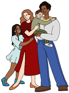 clipart image of a family of four (daughter, mom, son, dad) - smiling and hugging