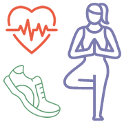 Line drawings of a heart with a rhythm line, a sneaker, a yoga pose