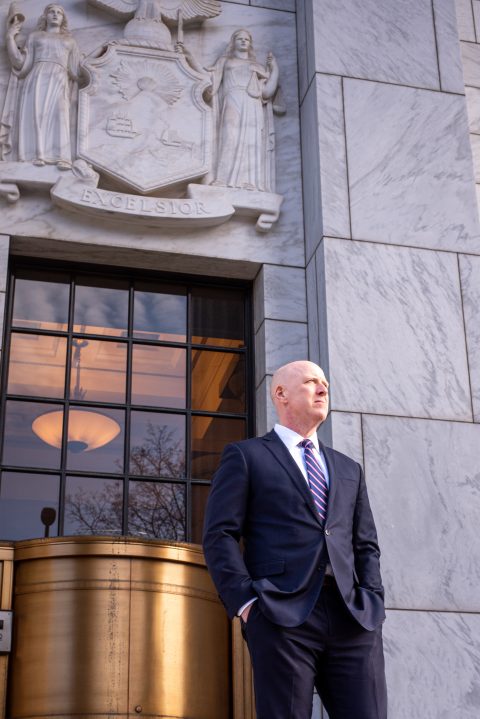 Photo of Albany County District Attorney Lee Kindlon outside of the Albany County Justice Center