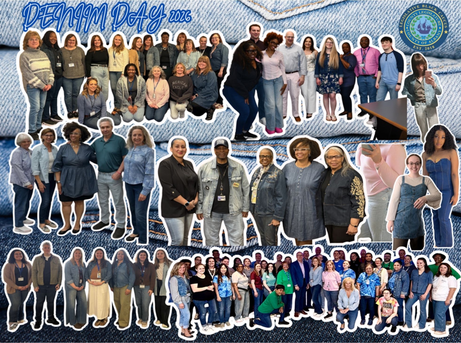 Denim Day 2026 - cutout photos of people who participated in Denim Day 2026, superimposed over a background of denim